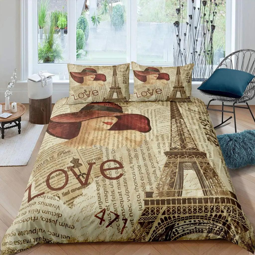 Old Newspaper Duvet Cover Vintage French Bedding Set Brown Quilt Cover For Boys Girls Teen QueenKing Microfiber Comforter Cover