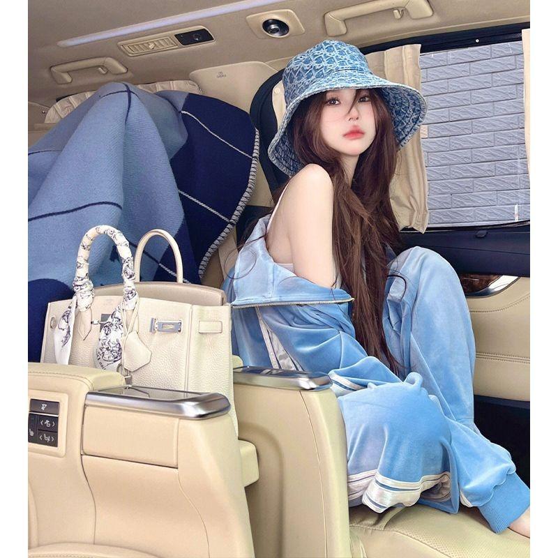 Gold Velvet Sports Suit Women's Spring and Autumn Dress High-end Retro Casual Sweater Zipper Coat Wide-leg Pants Two-piece Set