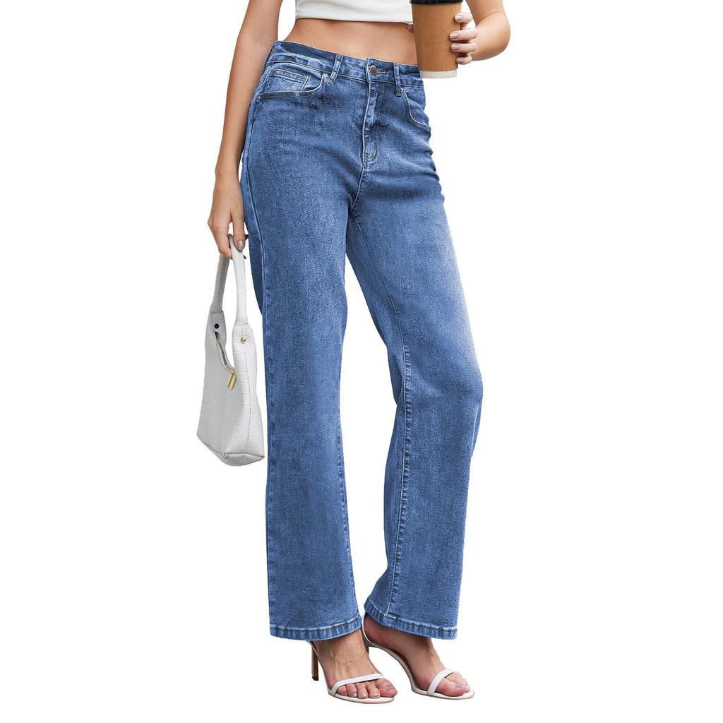 Womens High Waisted Jeans Stretchy Flared Straight Leg Loose Trendy Hem Denim Pants