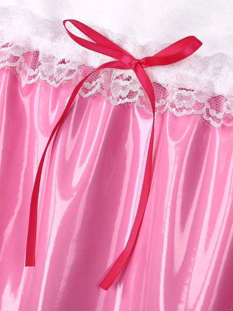 Мужской костюм для косплея Sissy Maid, комбинезон для трансвеститов, кружевная отделка, пышные рукава, купальник на молнии, боди из лакированной кожи