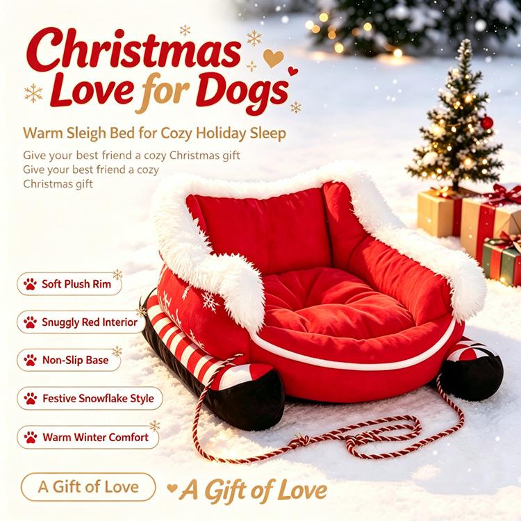 Christmas Sleigh Shaped Dog Bed, Removable Washable Pet Sofa Cat Nest, Four Seasons Universal Winter Sleeping Mat for Small Dogs