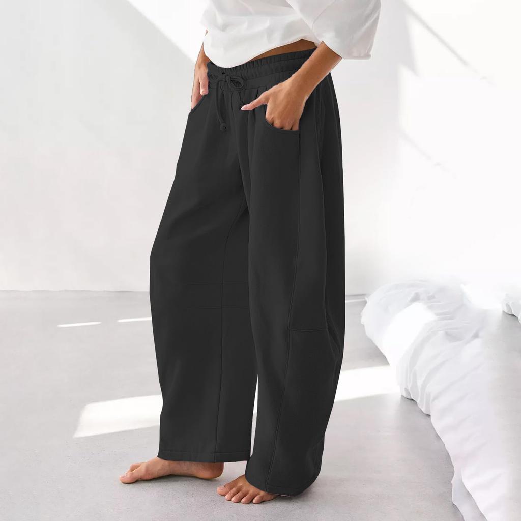 Women's Barrel Leg Sweatpant Drawstring Elastic Waisted Wide Leg Pants Casual Cotton Palazzo Trousers With Pockets