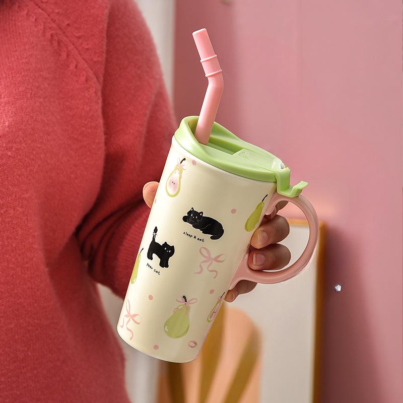 Милая кошка Высокая чашка Девичья чашка с крышкой Повседневная чашка Керамическая кружка с соломинкой Подарок на день рождения Стиль