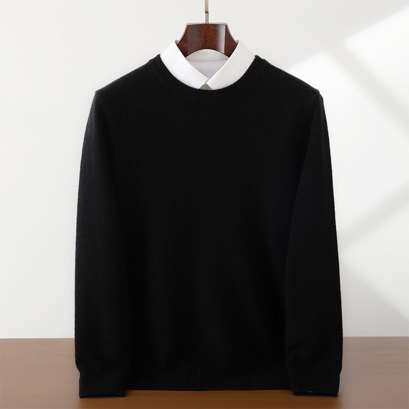 Мужской кашемировый свитер с круглым вырезом, плотной вязки, однотонный - Business Casual, свободная вязка, базовый слой для осени и зимы