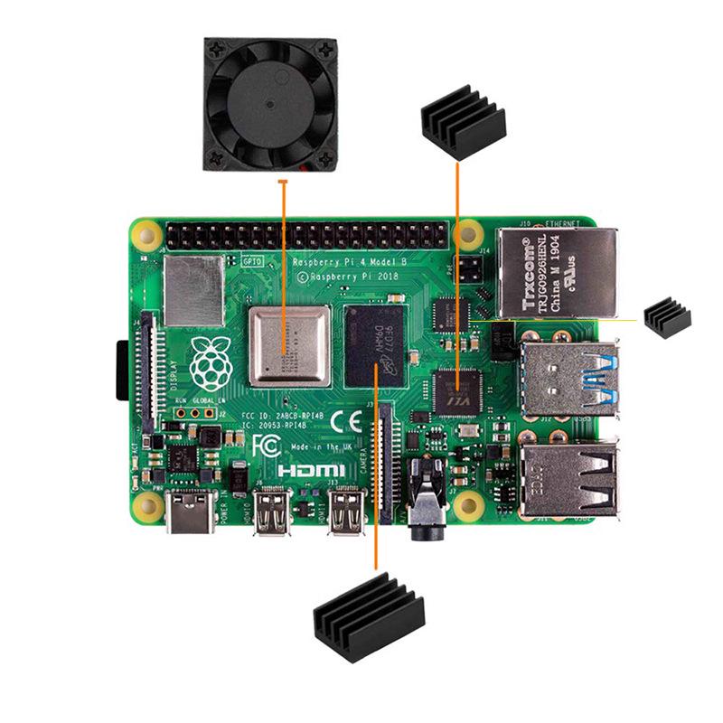 Комплект охлаждения для Raspberry Pi 4B: Алюминиевый радиатор с вентилятором и клейкой основой
