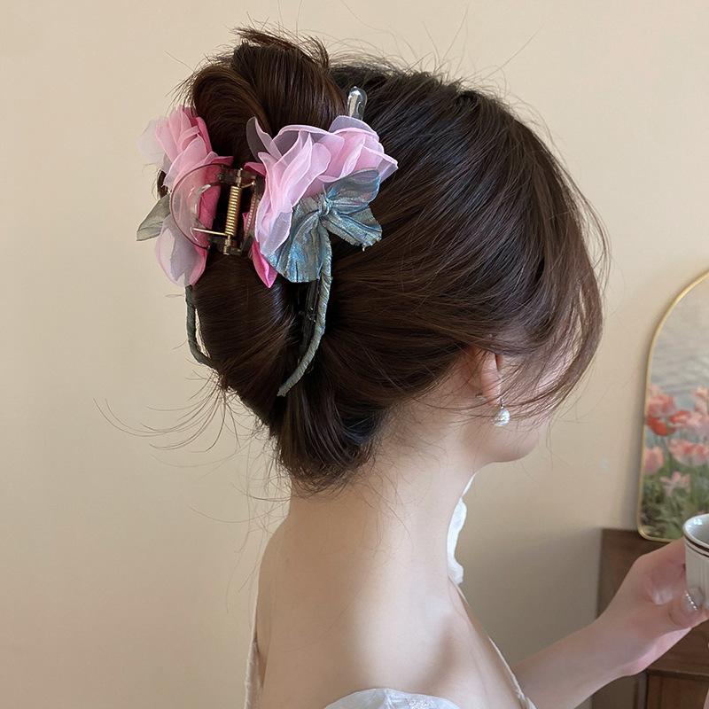 Акриловая сетчатая заколка-бант с цветком, ранняя весна, нишевая, для отпускных фото, модная, элегантная, милые аксессуары для волос