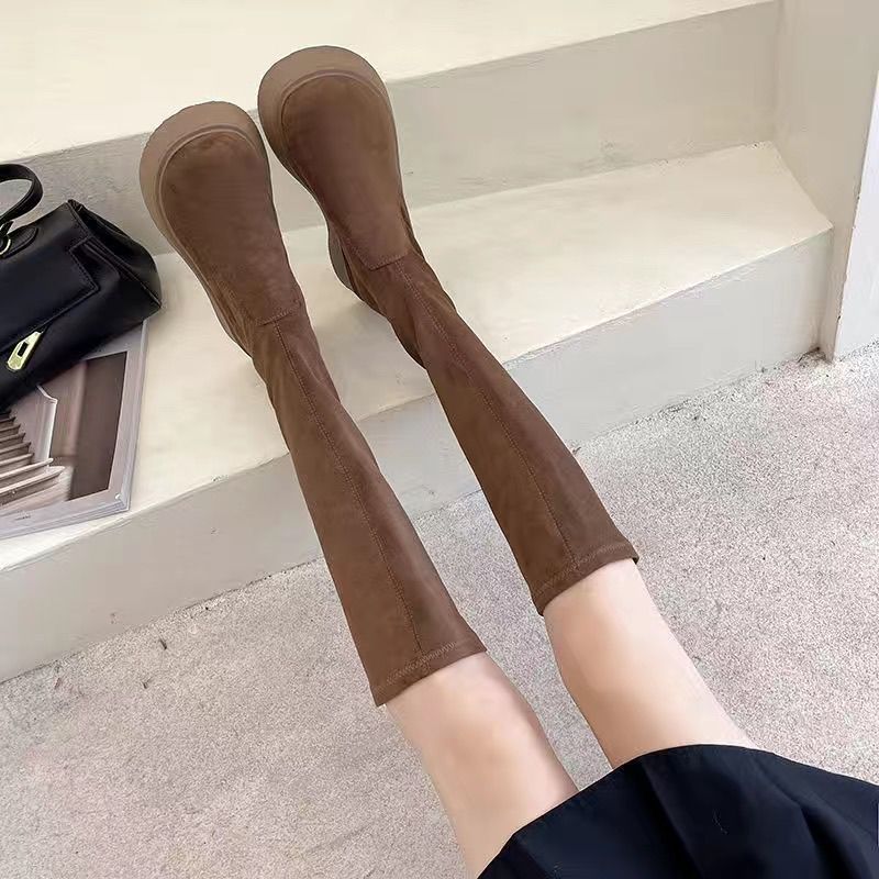 Модные женские сапоги, зимние, до колена, длинные, с голенищем, для женщин, на платформе, с эластичным круглым носком, коричневые, дизайнерские, роскошные, популярные, 39