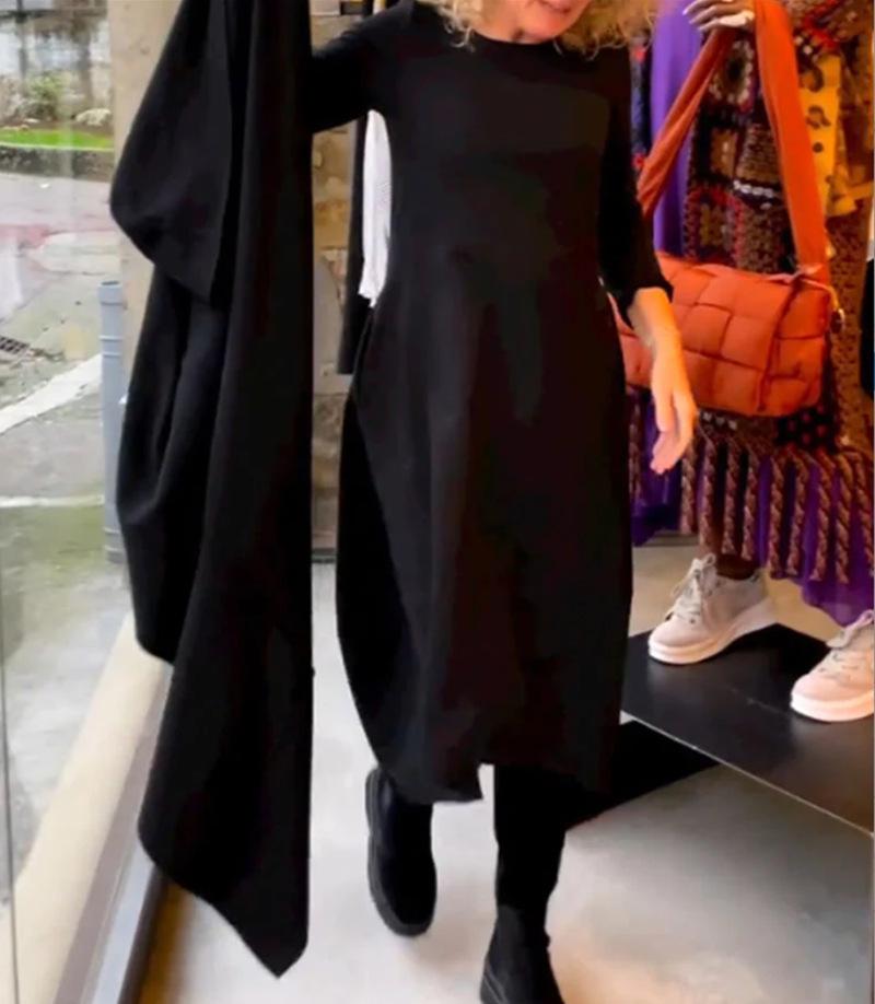 2024 Осень/Зима Европейская и Американская Мода Однотонное Платье с Длинным Рукавом и Круглым Вырезом для Женщин