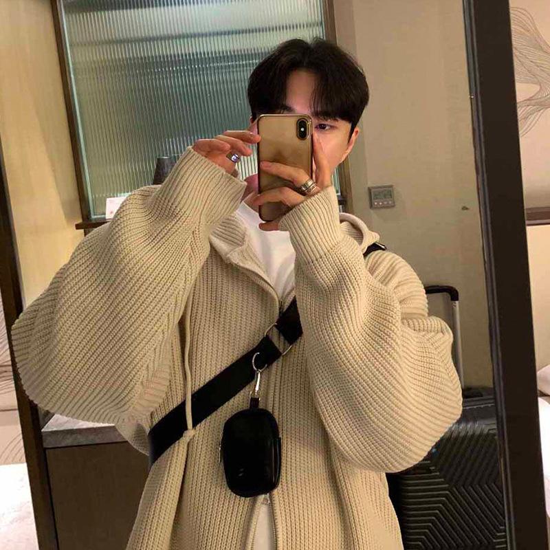 Зимняя одежда Мужской вязаный кардиган с капюшоном на молнии свитер с длинным рукавом Однотонная толстовка с капюшоном Корейский популярный трикотаж