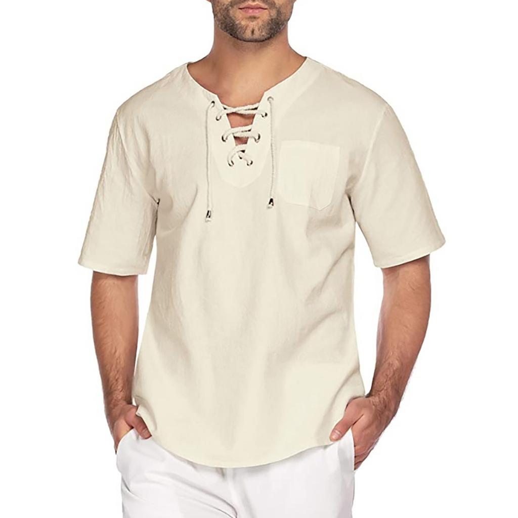 Mens Cotton Linen Shirts Casual Beach Hippie Shirt Short Sleeve V Neck Yoga Tops