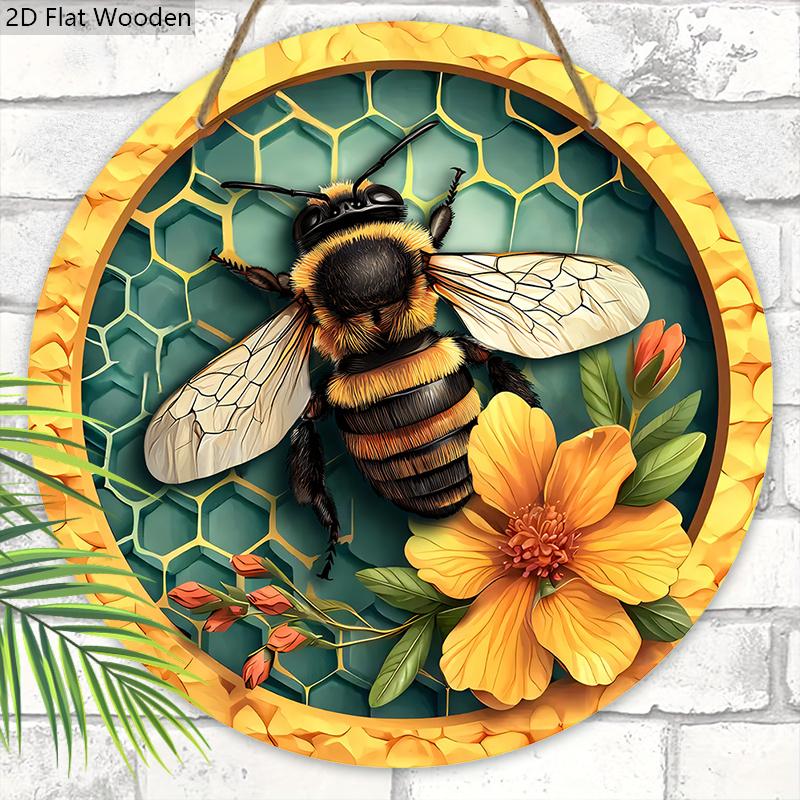 Деревянная табличка в деревенском стиле с очаровательным пчелиным узором - Круглое украшение для входной двери, Настенный декор - Идеальный домашний подвесной декор