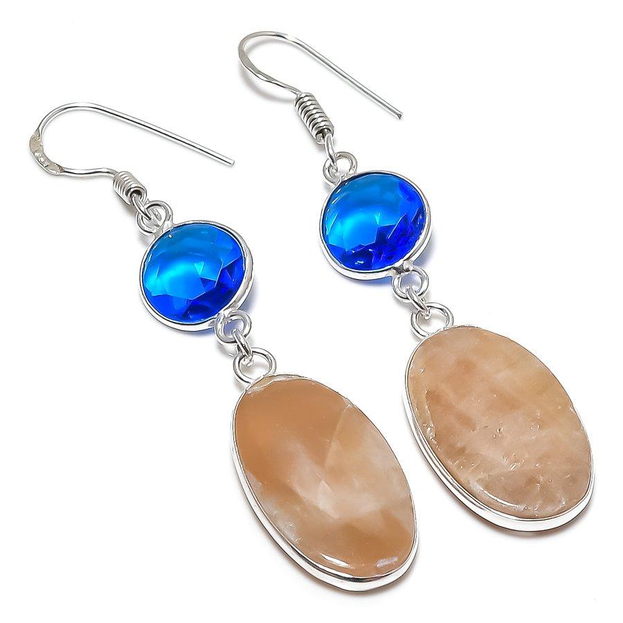 Natural Orange Aventurine, Blue Topaz 925 Sterling Silver Earring 2.29" O5a04