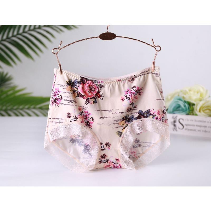 Нижнее белье из хлопка со средней талией, эластичные, дышащие, с принтом, кружевные трусики с треугольными чашечками