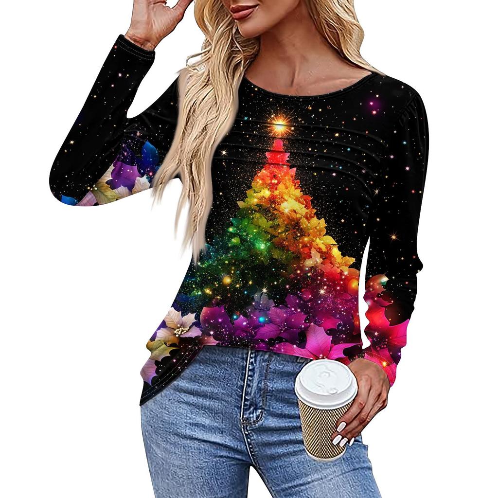 Женская повседневная модная футболка с круглым вырезом и длинными складками на Рождество