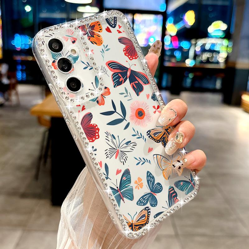 Чехол с узором «Цветы-бабочки» для Samsung Galaxy A56 A36 A26 A16 5G A55 A35 A25 A15 A54 A34 A14 S21 FE S22 S23 S24 Plus S25 Ultra Алмазное покрытие