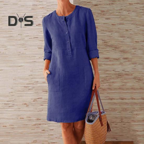 Осень-весна женское платье с круглым вырезом, однотонные пуговицы, свободное платье с длинными рукавами и накладным карманом длиной до колена, повседневное повседневное платье