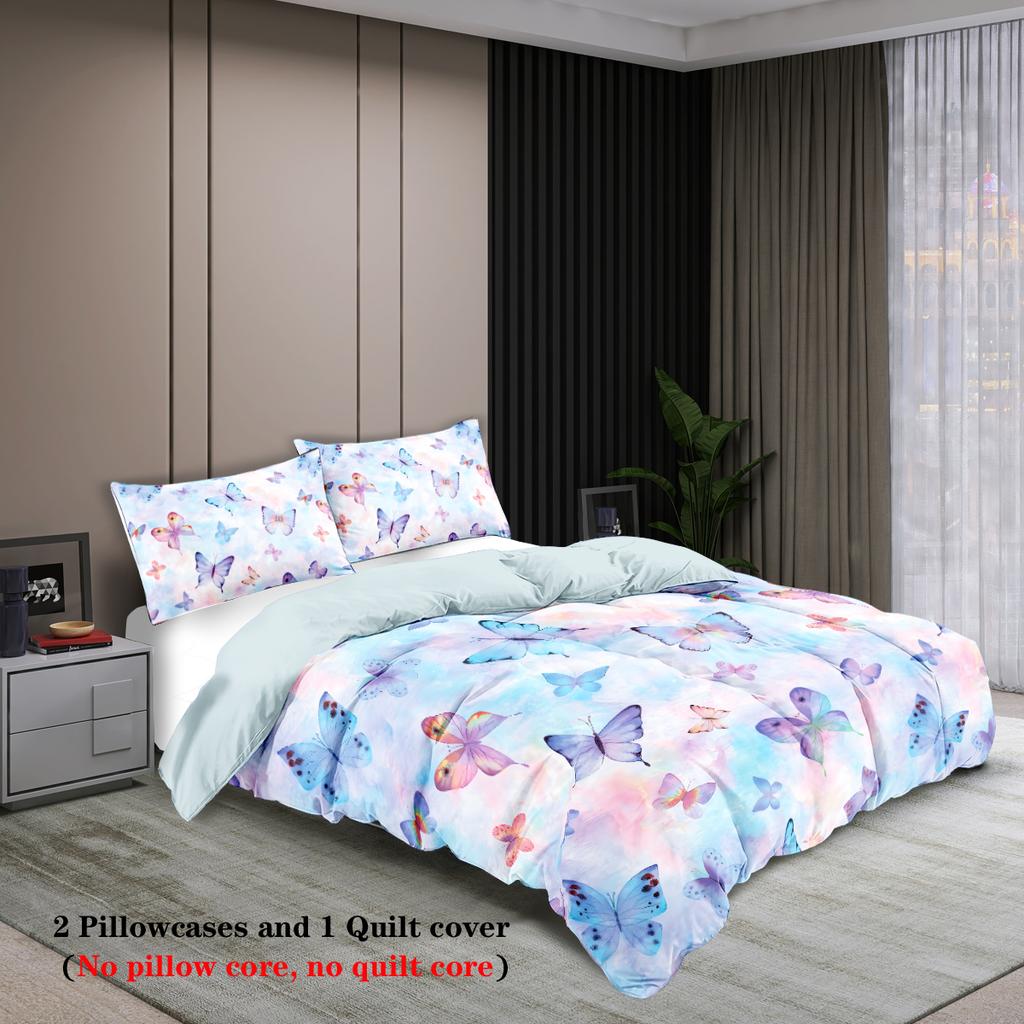 3pcs watercolor purple butterfly printed bedding set, soft and comfortable, for women bedroom, queen, king and twin bed