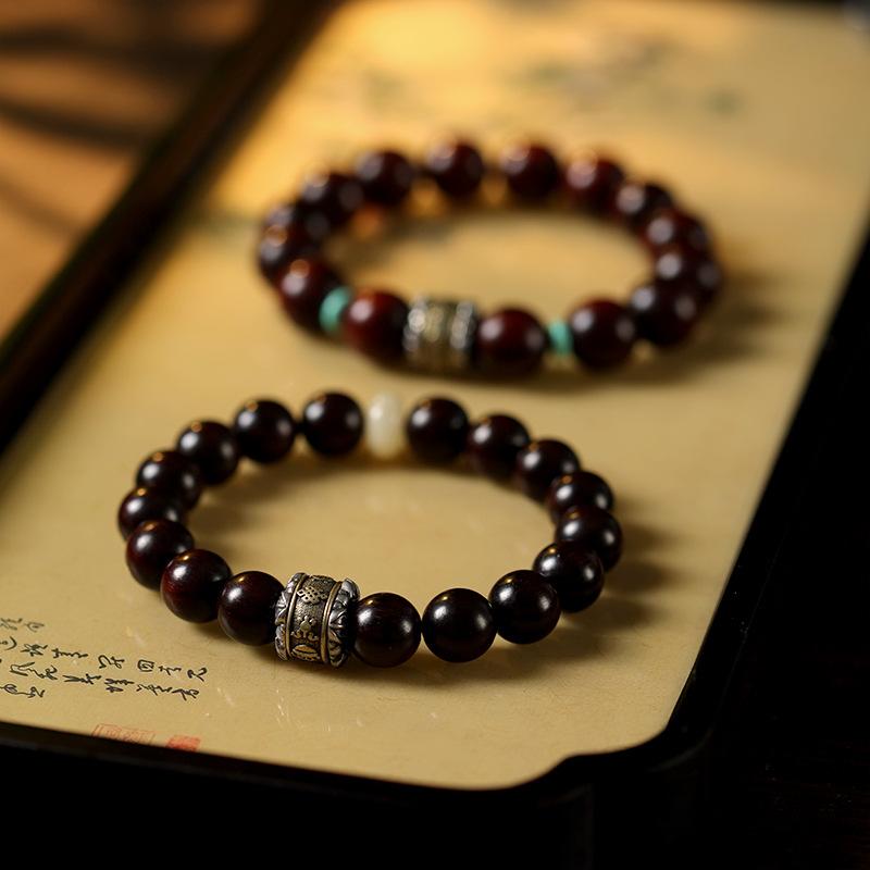 Small-leaf rosewood bracelet with Tibetan silver vajra and rotating beads, single-loop wooden bead bracelet