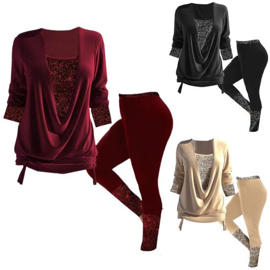 2 шт./компл. женский топ и брюки, комплект контрастного цвета с блестящими пайетками, мешковатый комплект из двух предметов с длинными рукавами, теплый повсед...