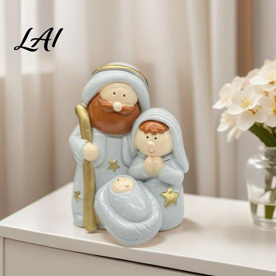Miniature Holy Family Resin Figurine Cute Cartoon Nativity Scene Ornament for Christmas Decor Desktop Shelf Decoration Hand Painted Parents and Kid