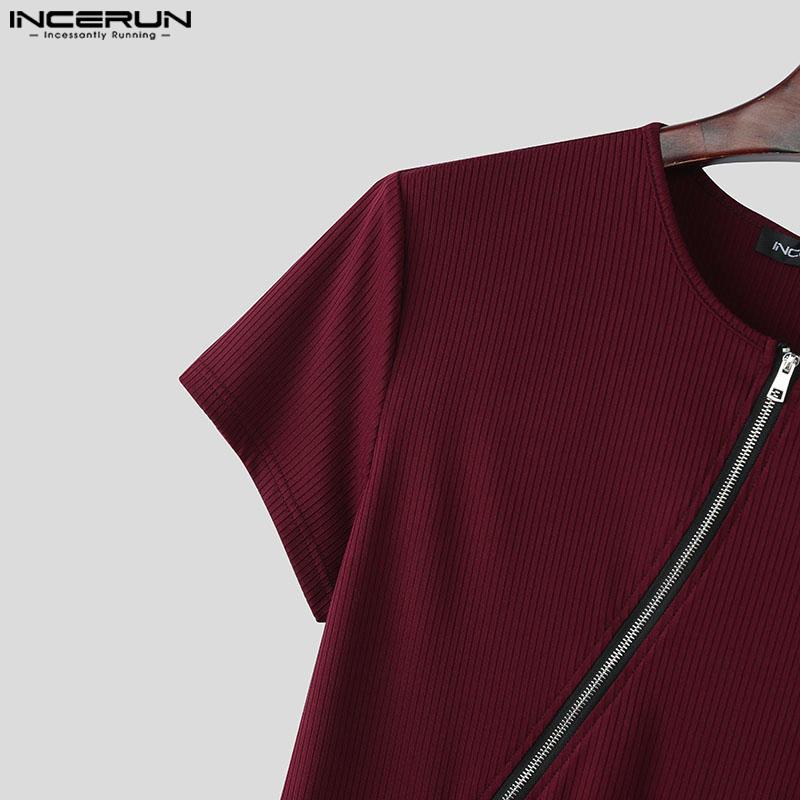 INCERUN Летние мужские повседневные футболки с круглым вырезом и коротким рукавом, косой планкой, застежкой-молнией в рубчик