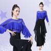 Womens Latin Dance Top With Rhinestone Trim Ruffled Hem Mesh Fabric Ballroom Square Practice