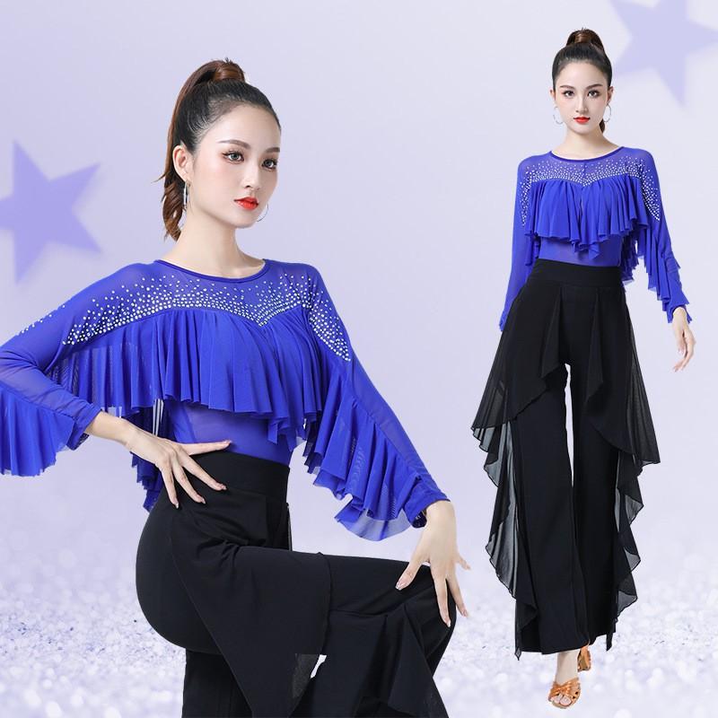 Womens Latin Dance Top With Rhinestone Trim Ruffled Hem Mesh Fabric Ballroom Square Practice