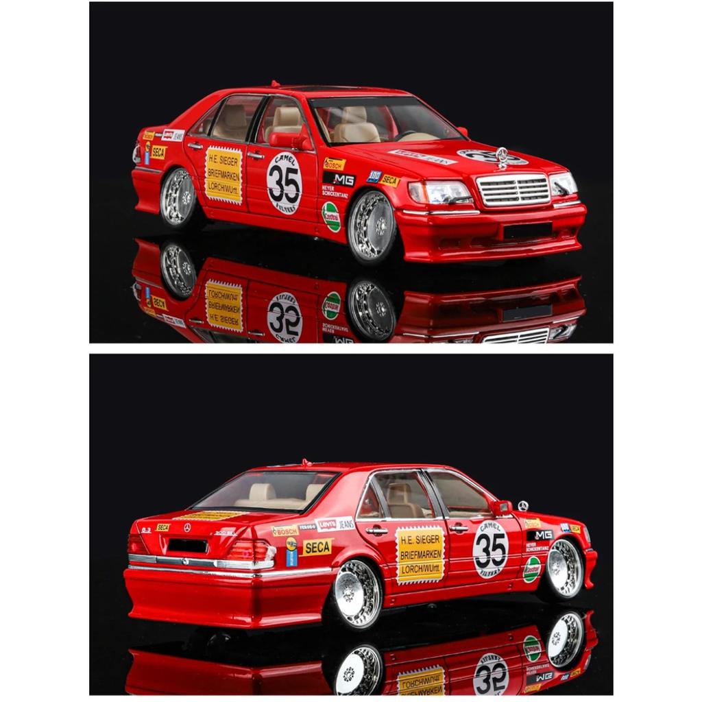 1/24 Benz W140 S320 SEL Red Pig Alloy Wide Body Sports Car Model Diecast Metal Modified Raing Car Model Sound and Light Kids Toy Gift
