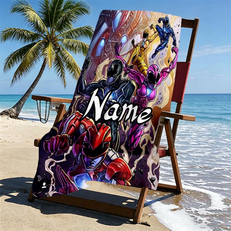 Custom Name Personalized Mighty Morphin Power Rangers Print Beach Towel, for Trip Camping Beach Party Home Decor, Birthday Gift for Family & Friends