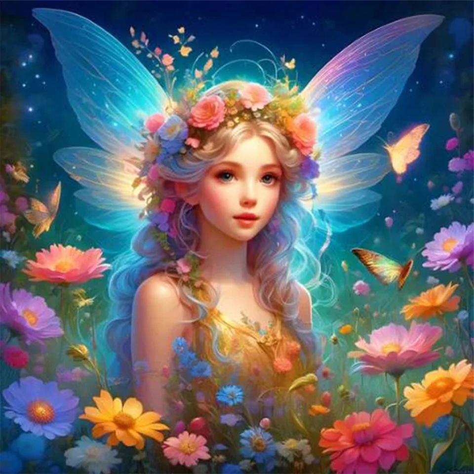 Набор для алмазной живописи с изображением девушки из мультфильма, фея, полный квадрат, круглая мозаика, цветок, 5D, сделай сам, ювелирные изделия, вышивка крестом, украшение для дома2024