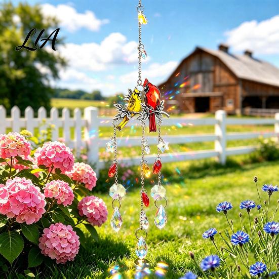Hanging Glass Prism Decoration Cardinals Faux Crystals Suncatcher, Sun Catcher for Windows, Bird Wind Decorative Crystal Ornament Chimes with