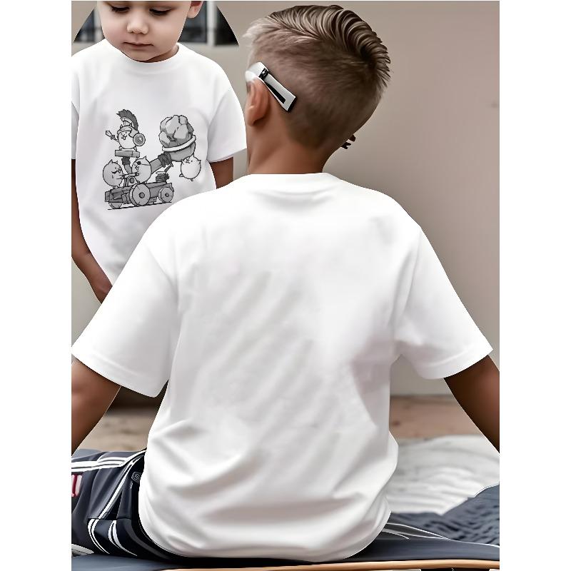 European sizes White T-Shirt for Boys Featuring a Cute Cat Warrior Cannon Print, Perfect for Fun Cartoon Style