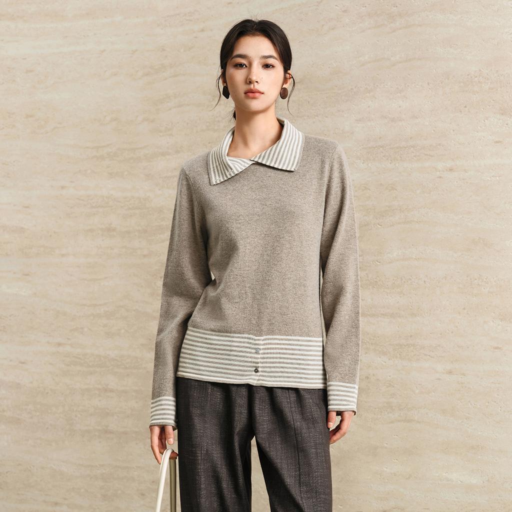 Collar striped patchwork knit sweater