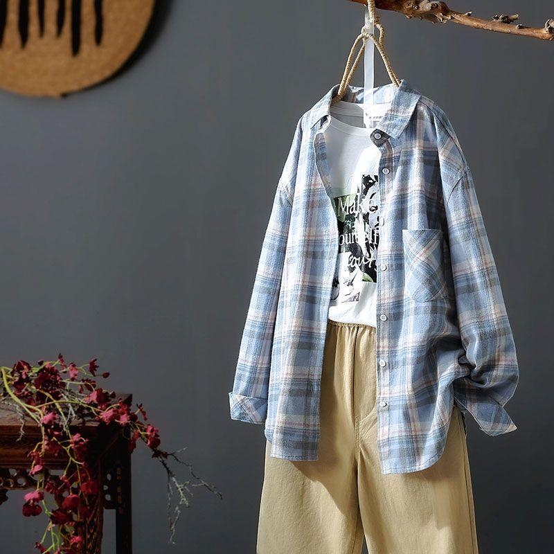 Модная клетчатая рубашка для женщин, свободная и стильная, стройнящая, с винтажным гонконгским колоритом, идеально подходит для весны/осени