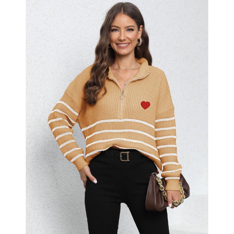 Женский свитер в полоску, лоскутное шитье, свободный свитер с высокой горловиной и застежкой-молнией