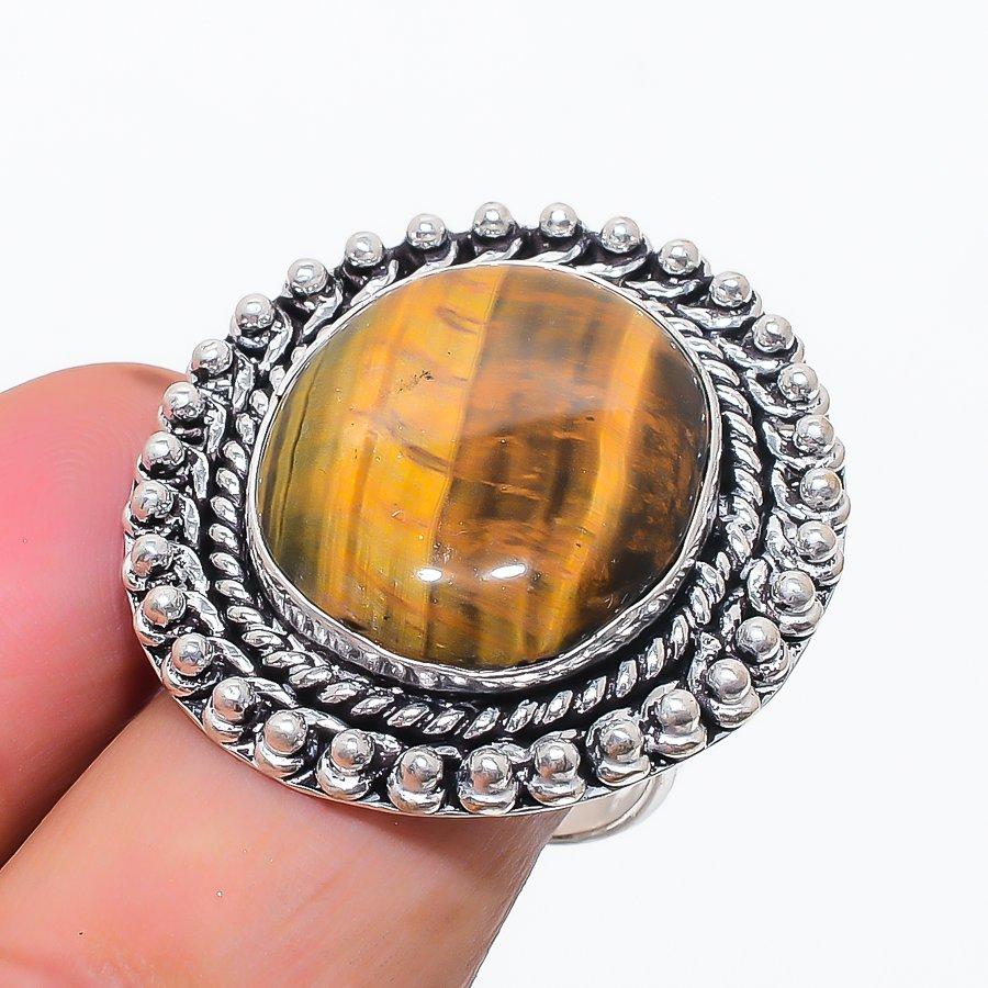Natural Tiger Eye Gemstone Handmade 925 Sterling Silver Jewelry Ring Size 9 O9h98