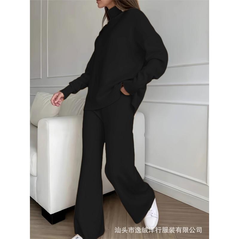 Womens Solid Color High Neck Knit Set Casual Loose Fit Wide Leg Pants Two Piece Outfit Winter