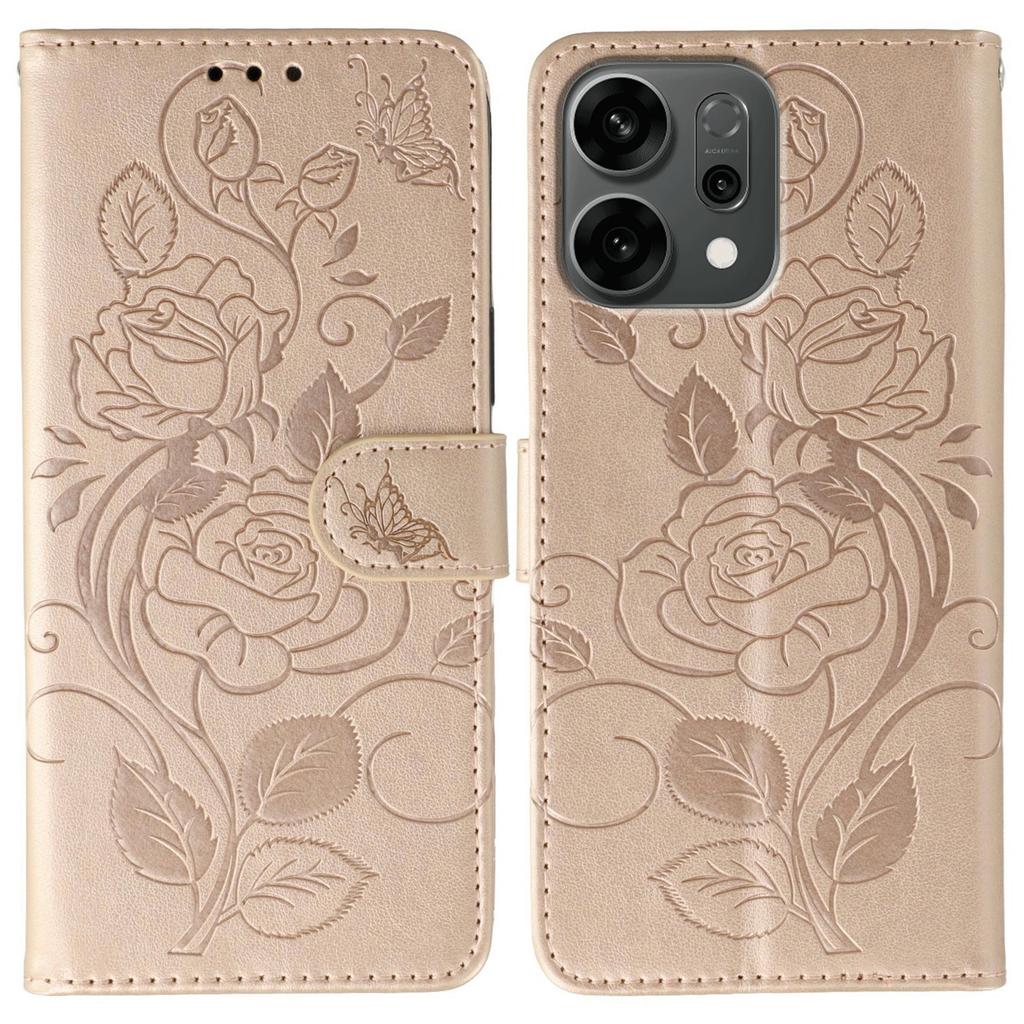 For Oppo Reno14 5G (Global) Case Wallet Stand Imprinted Rose Butterfly PU Leather Phone Cover