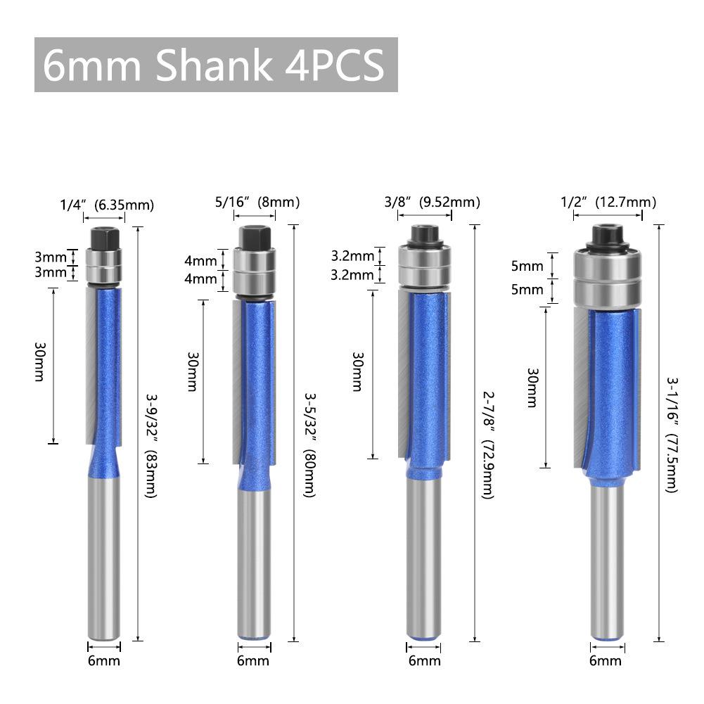 Блестящий серебристо-синий деревообрабатывающий двухлезвийный кромочный фрезер с хвостовиком 6/6,35 мм и фрезой из бакелита с двойным подшипником
