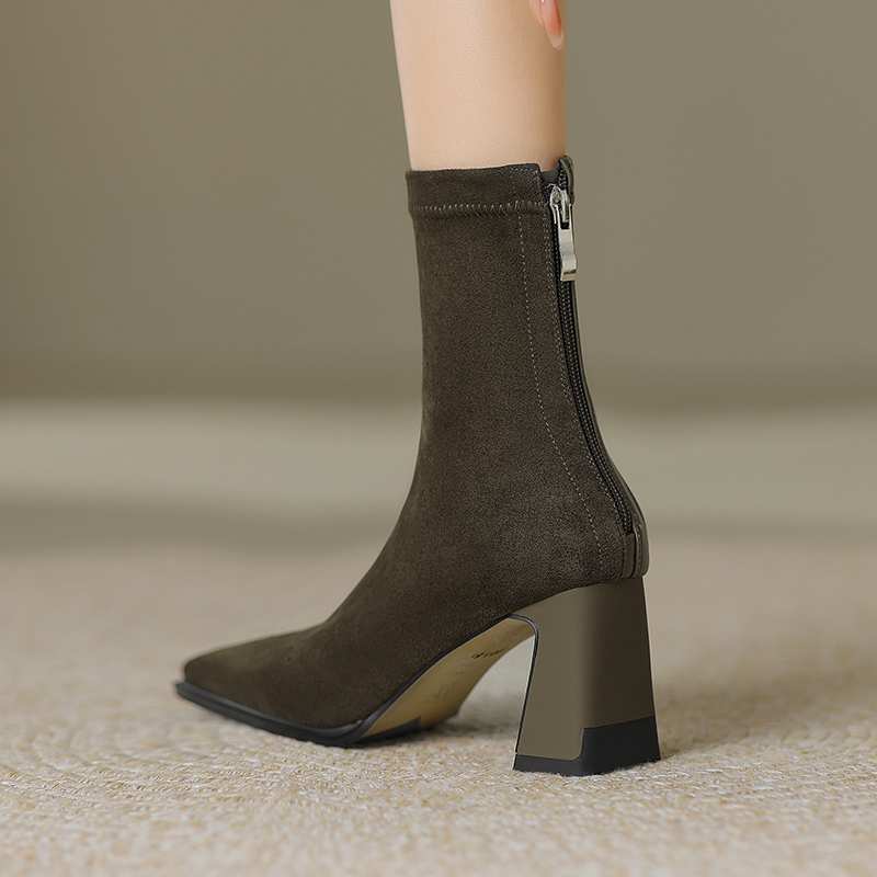 Krazing Pot Зимние ботинки из флока из микрофибры с квадратным носком, эластичные ботинки без шнуровки на высоком толстом каблуке, женские ботильоны