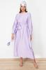 Women's Hijab Dress New Season Fashion Lilac Wide Belted Zipper Cuffed Woven Linen Look Dress