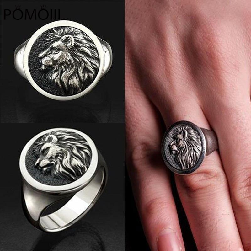 Punkboy Popular Lion King Head Ring for Men Silver Color Round Shaped Craved Domineering Animal Metal Party Hand Jewelry