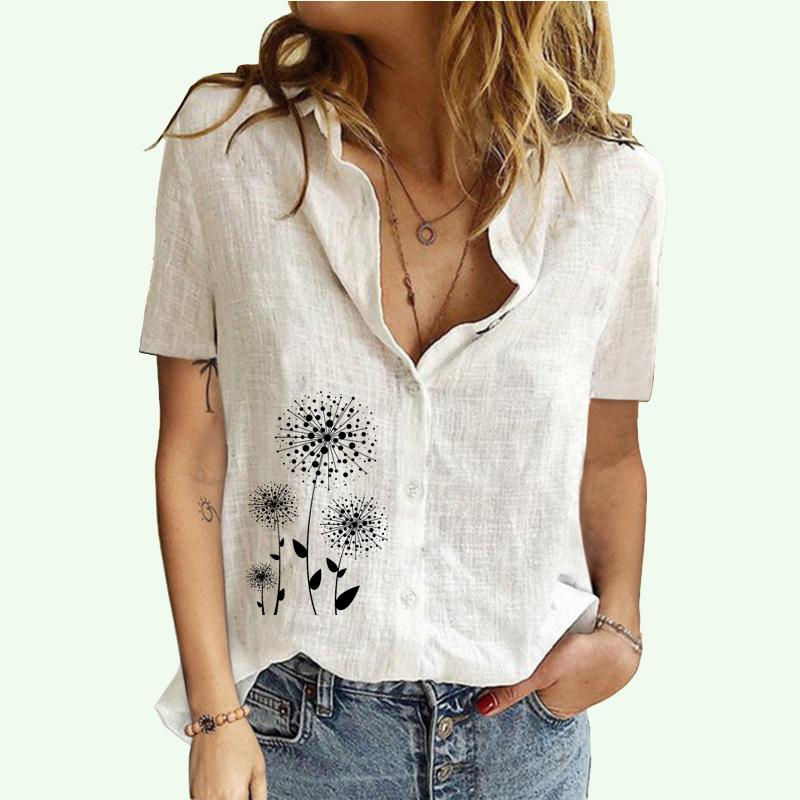 Женская модная футболка с воротником с лацканами, летняя и осенняя повседневная футболка с принтом, женский хлопковый льняной кардиган с принтом, блузки с короткими рукавами