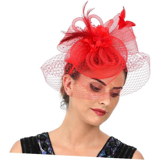 PRETYZOOM Cocktail Tea Party Headband with Red Mesh Flower and Decorative Clip, Fascinator Hat for Women and Special Occasion Accessories