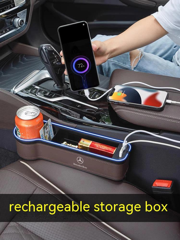 Новый Хит 2026 Автомобильная USB-зарядка Цветная подсветка Контейнер для хранения на сиденье Коробка для зазора сиденья Для Mercedes-Benz A B C E V R-Class A45 C43 CLA GLA GL