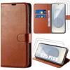 Protective Case - BOOLING - for Samsung Galaxy S25 Plus - Brown Leather Effect - 2 Tempered Glasses - Shockproof