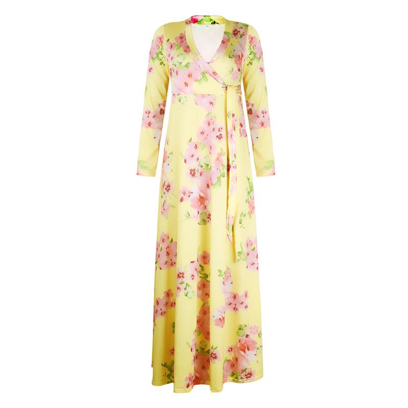 Spring and Autumn Women's Dress V-Neck Printed Swing Dresses Long Dresses