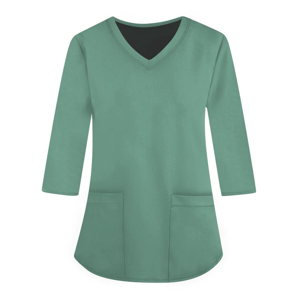 Fashionable V-neck Women's Short Sleeved Three-quarter Sleeved Work Clothes, Pocket Printed Loose Top