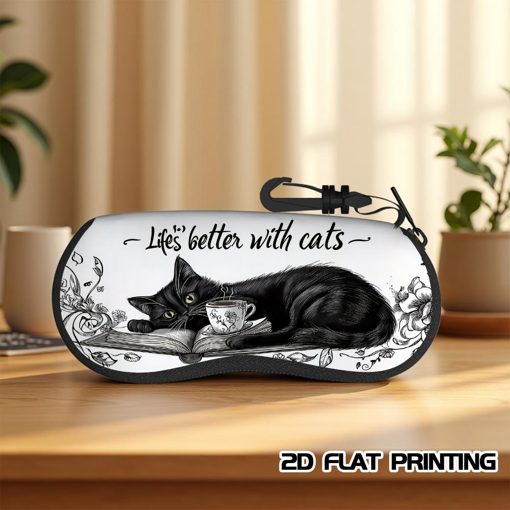 1pc Double-sided printed black cat open book pattern eyeglasses Bag. Stylish and practical travel accessory nature-inspired design travel essentials