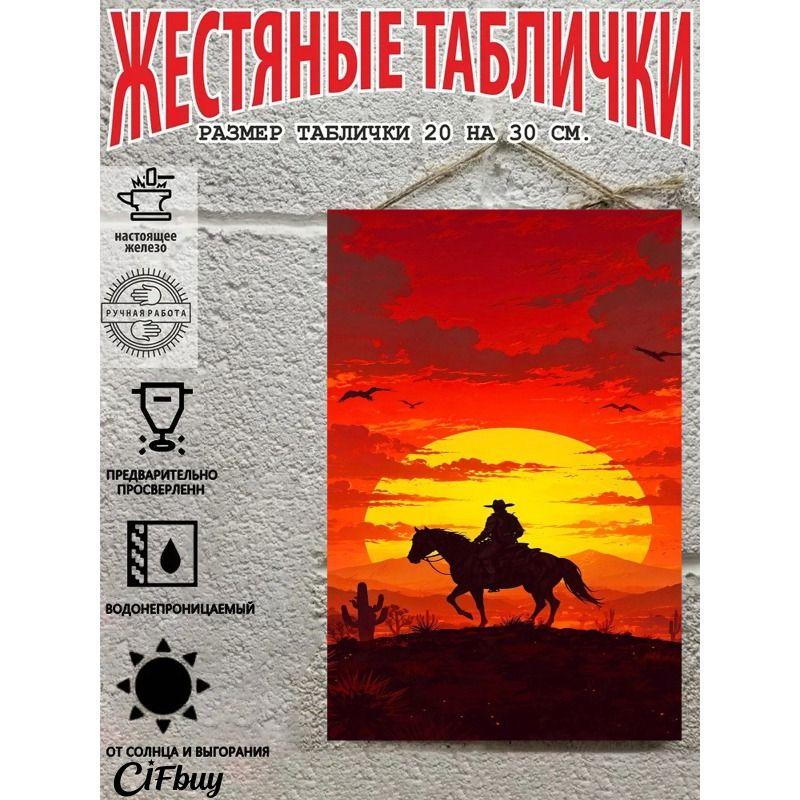 Металлическая жестяная табличка "Ковбой на лошади" 20x30 см Рустикальный декор стен